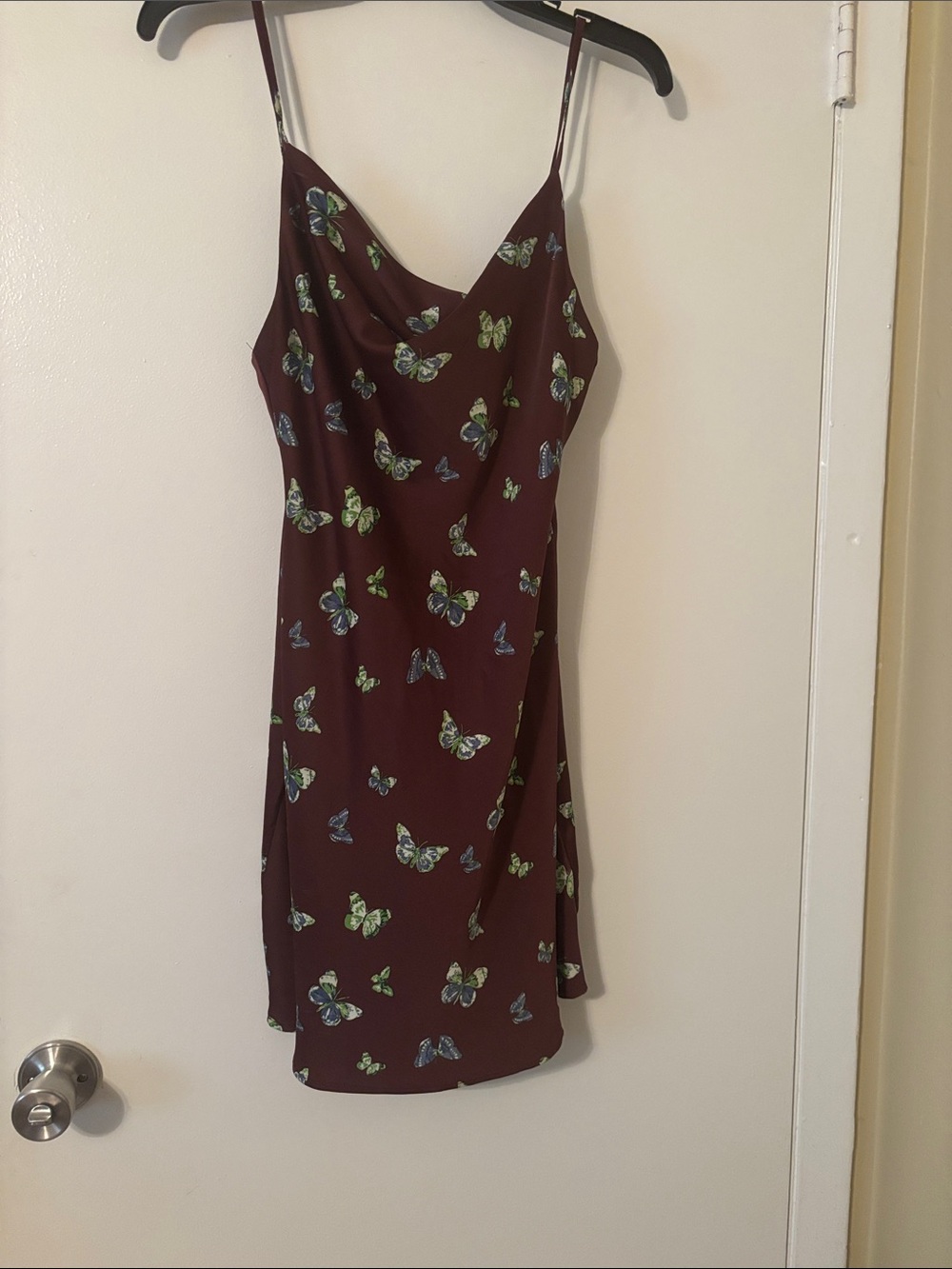 Urban Outfitters Maroon Slip Dress with Blue & Green Butterfly Print
